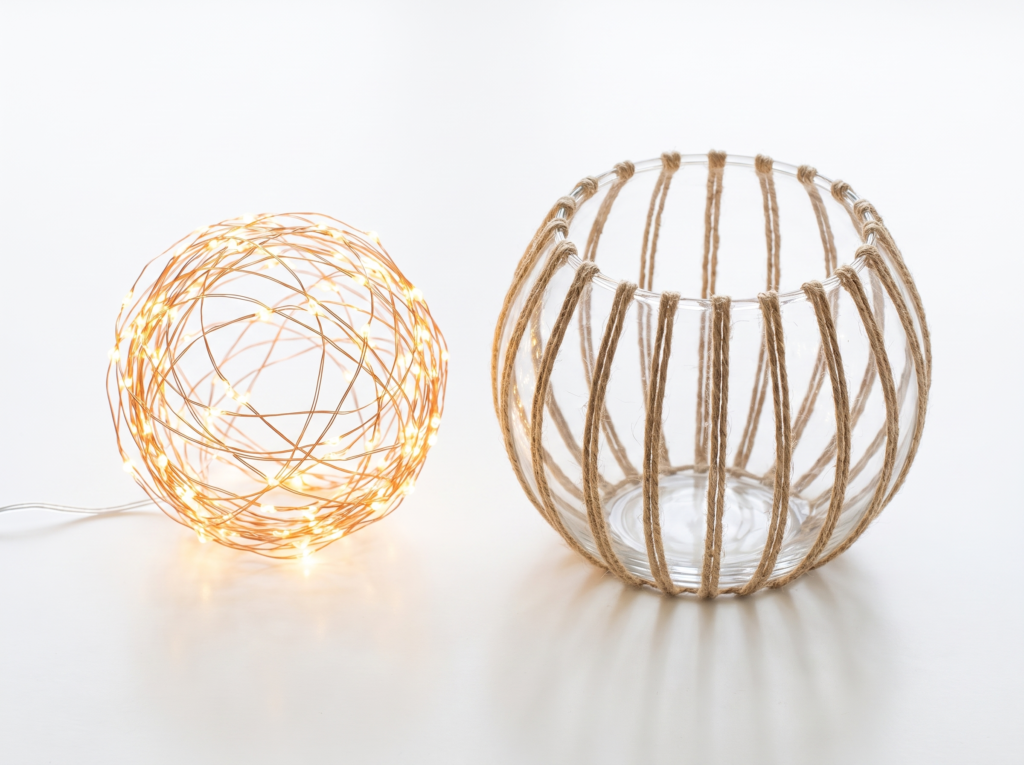 Warm white fairy light strand scrunched into a hollow ball beside an empty glass bowl wrapped in vertical jute twine ribs