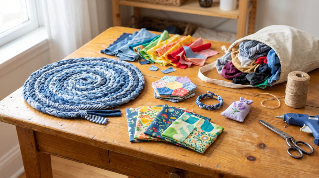 Upcycled craft projects made from old fabric scraps and clothing on a craft table