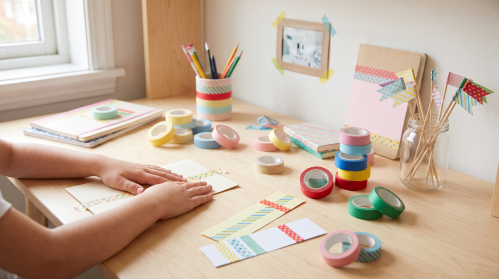 Washi tape craft projects for kids laid out on a craft table with rolls of patterned tape