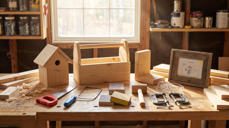 Beginner kids woodworking projects on a workbench with a birdhouse, wooden toolbox and kid-safe hand tools