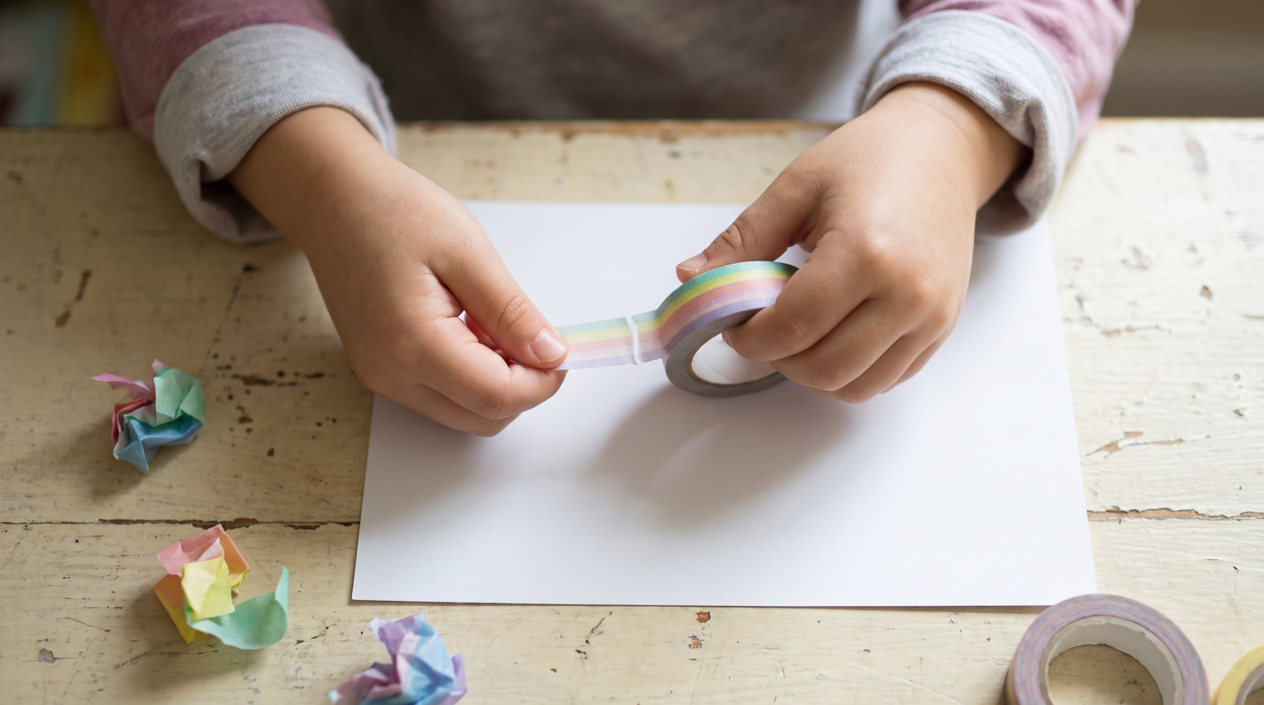 Child's hands tearing a strip of washi tape from the roll over a sheet of white cardstock