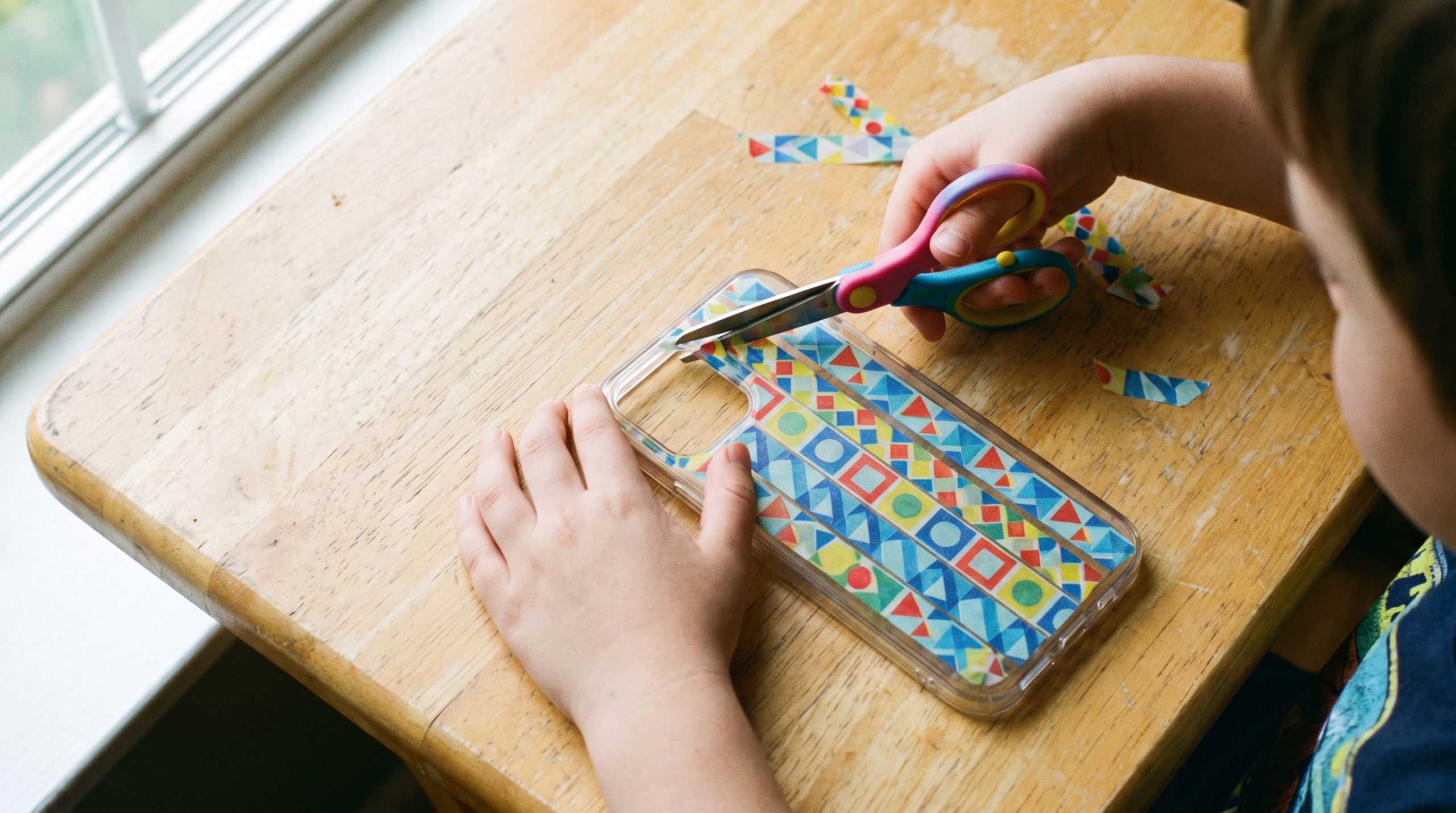 Kid-safe scissors trimming washi tape around the camera cutout of a decorated phone case