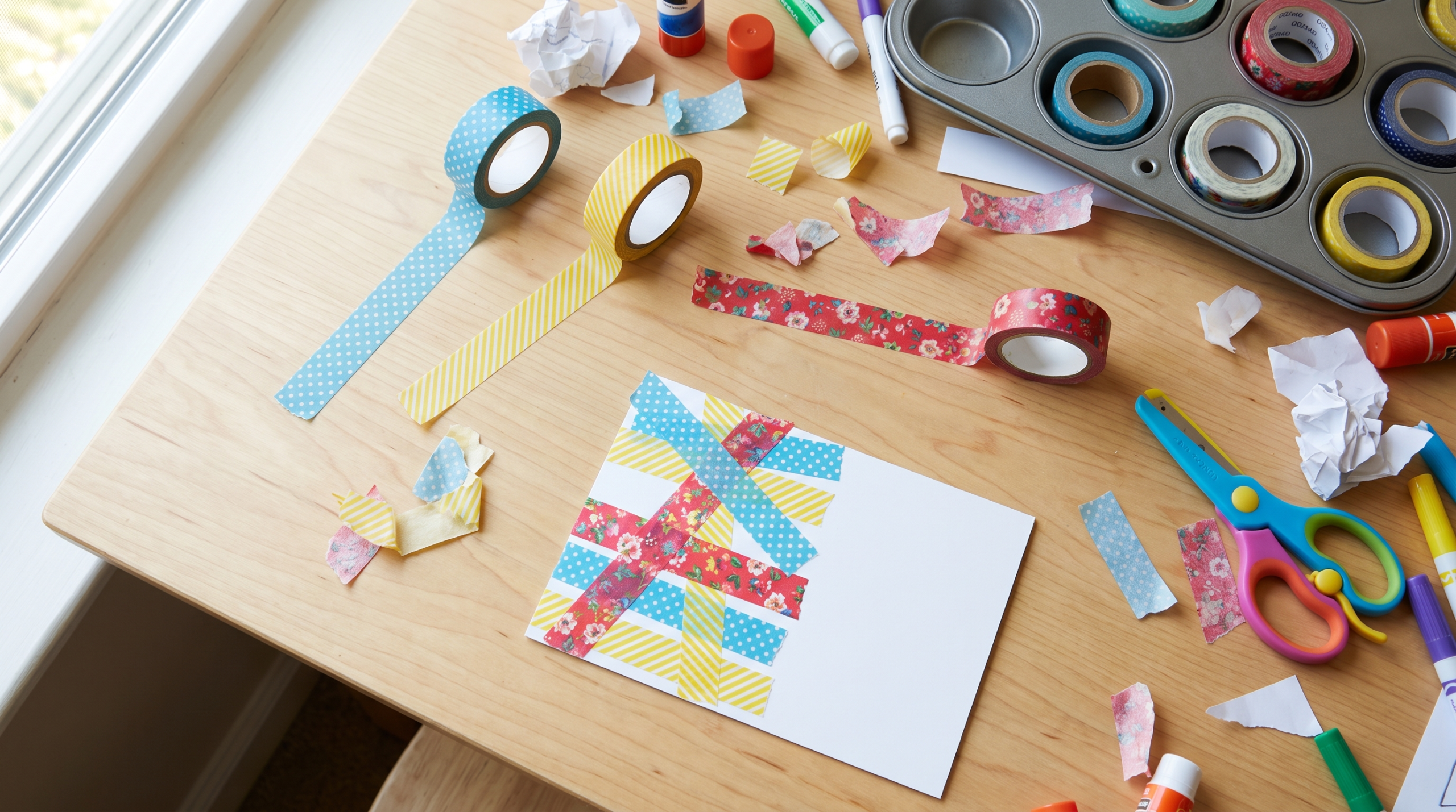 Messy kids craft table mid-session with loose washi tape rolls, scraps and a half-finished cardstock project