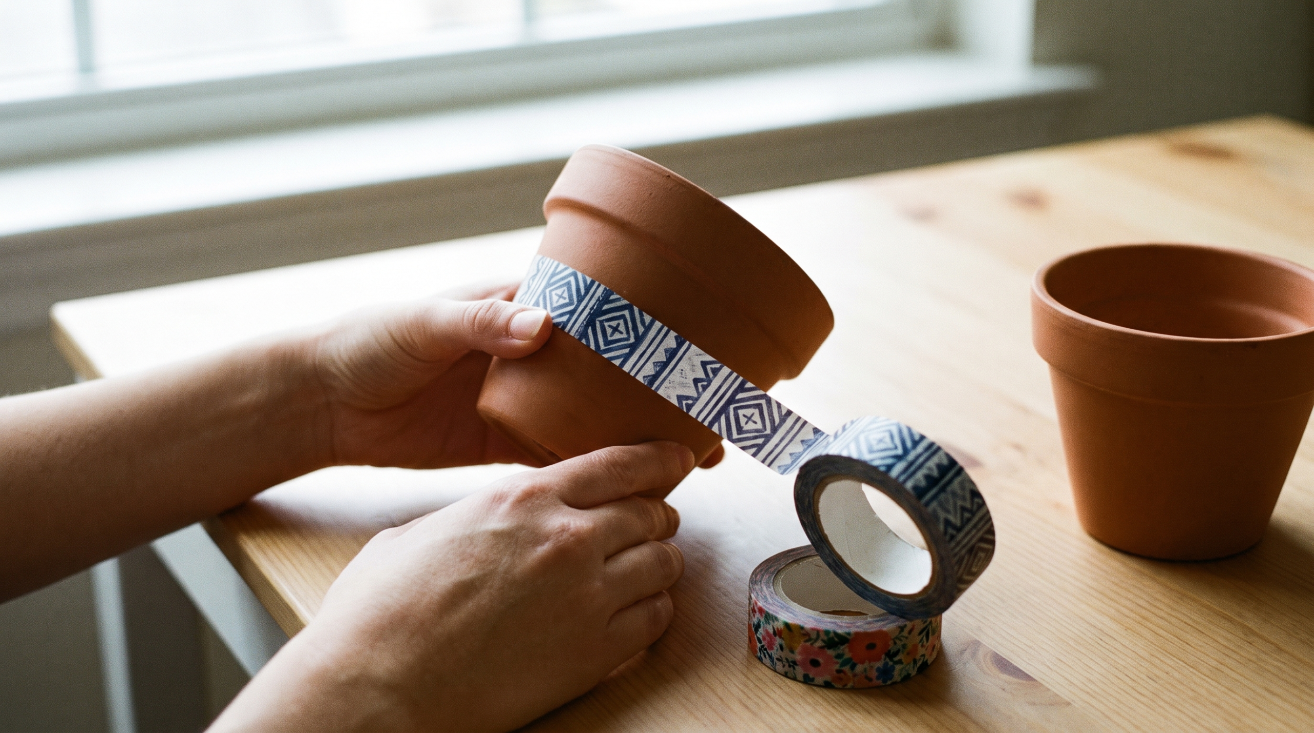 Band of patterned washi tape being wrapped around a small terracotta plant pot, caught mid-wrap