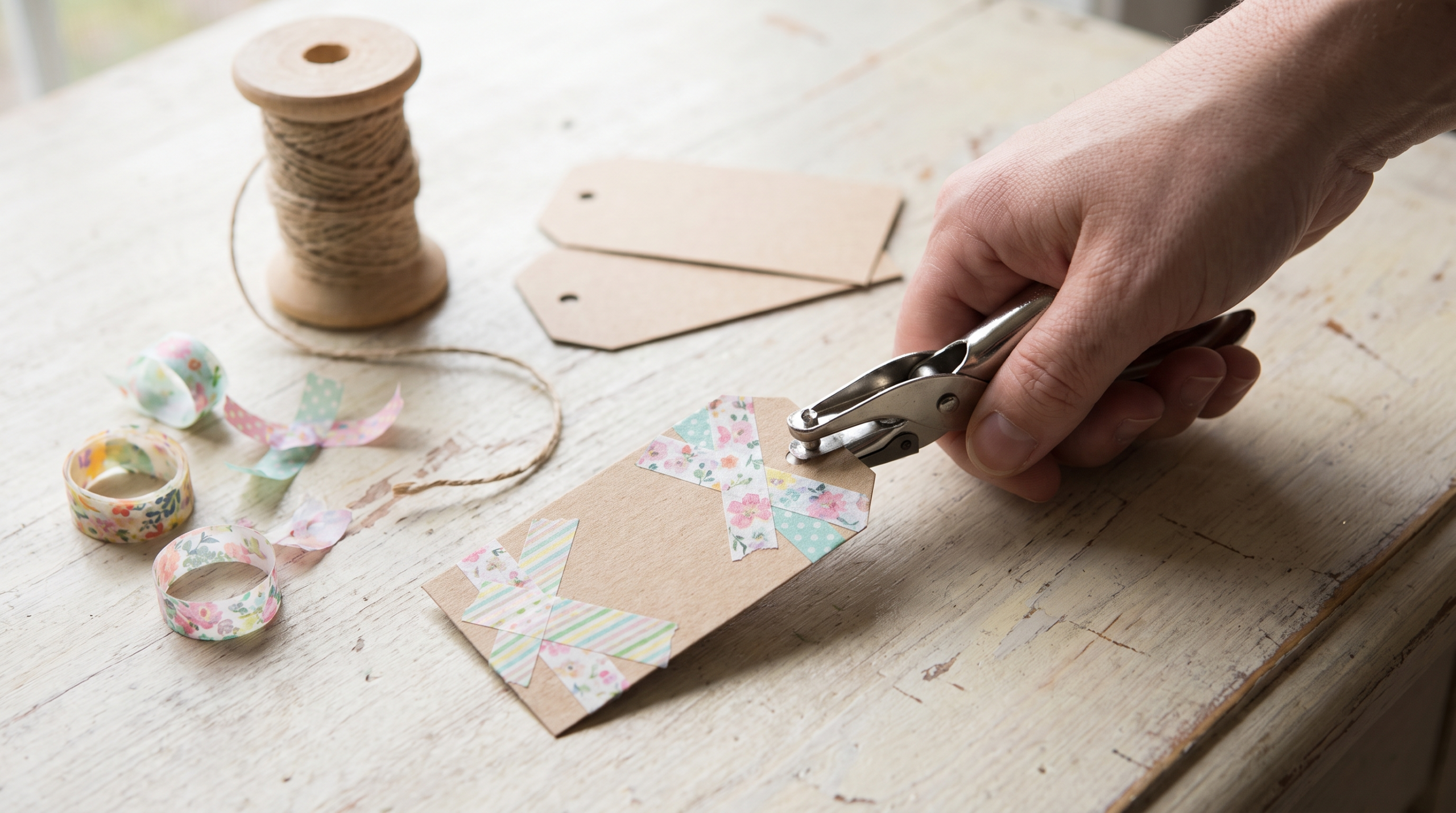 A hole punch pressed into the corner of a kraft gift tag decorated with strips of pastel washi tape, twine spool alongside