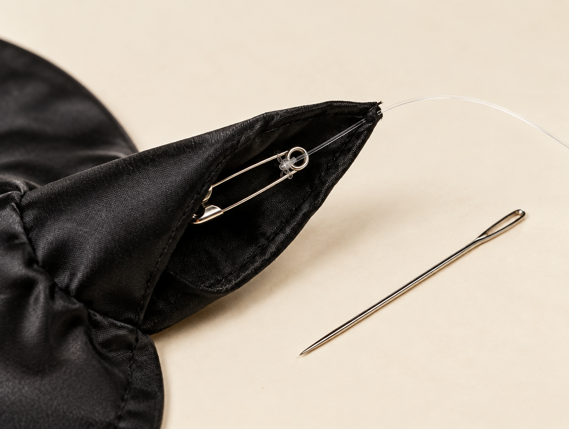 Fishing line coming out the point of a black witch hat with a safety pin knotted inside