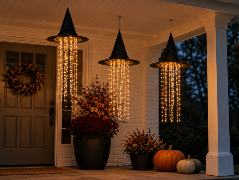 Floating witch hat lights glowing under a white porch ceiling at dusk
