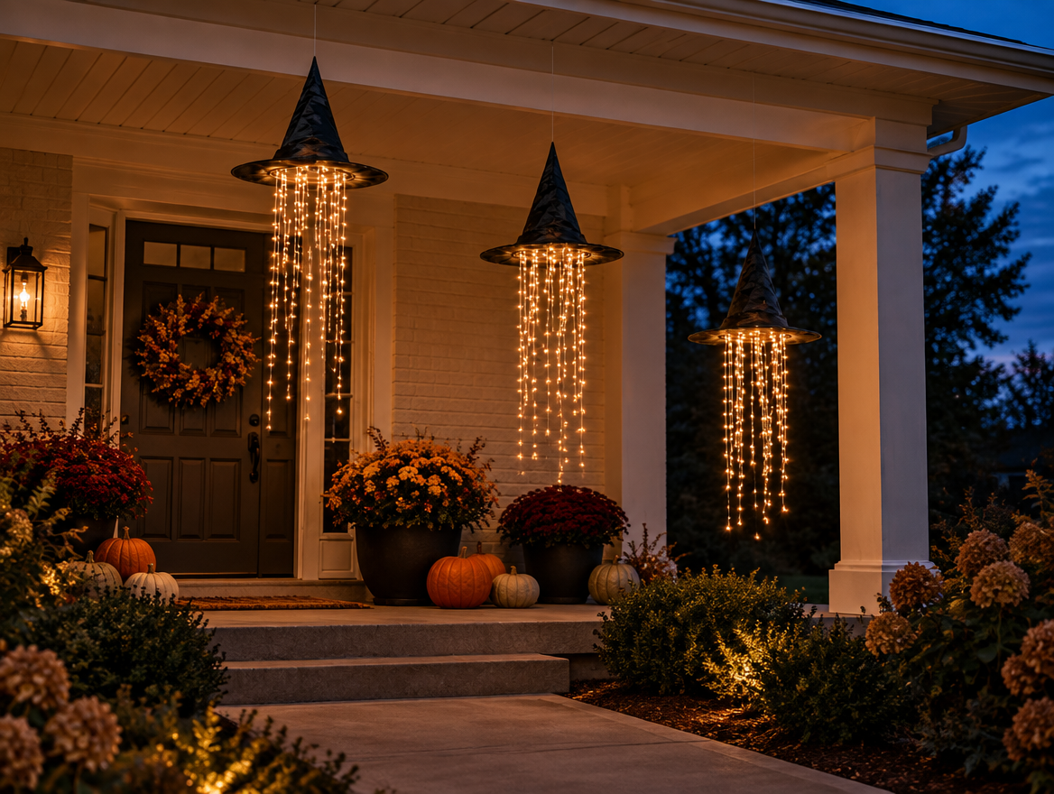 Three lit witch hats hung at staggered heights on a porch with no visible fishing line
