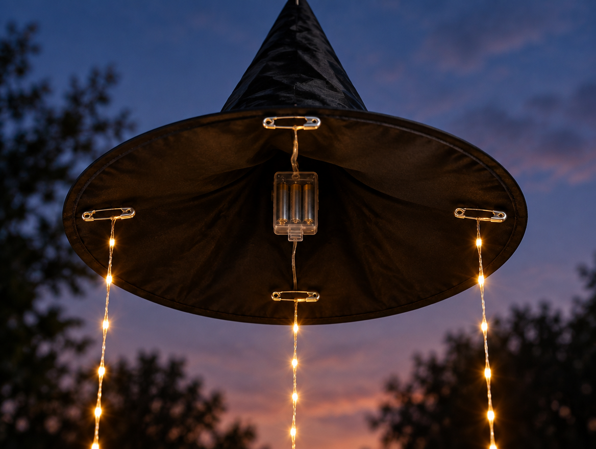 Underside of a witch hat brim with fairy light strands held by evenly spaced safety pins