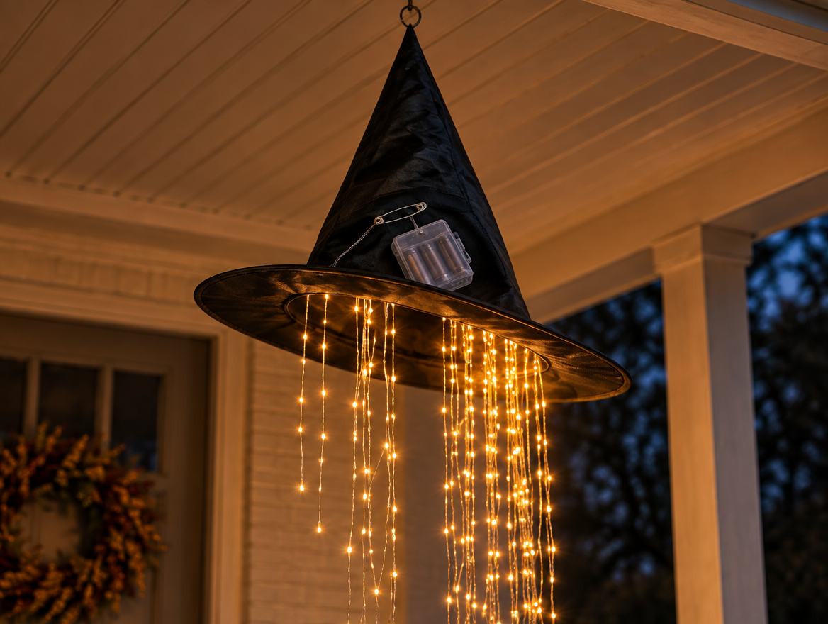 Witch hat hanging crooked with its battery box pinned to one side of the cone