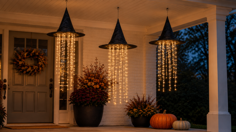 Floating witch hat lights glowing at staggered heights under a white porch ceiling at dusk