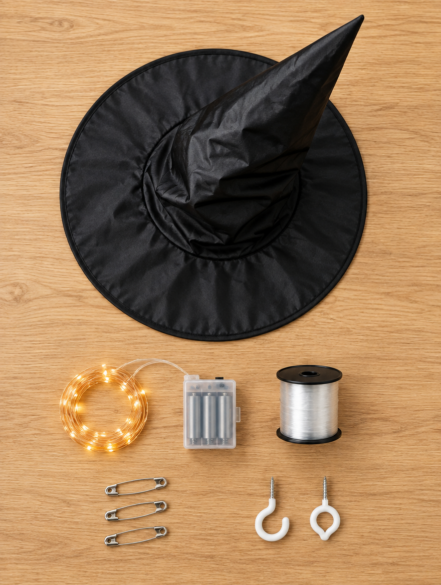 Floating witch hat lights supplies: black witch hat, battery fairy lights, clear fishing line, safety pins, and ceiling hooks