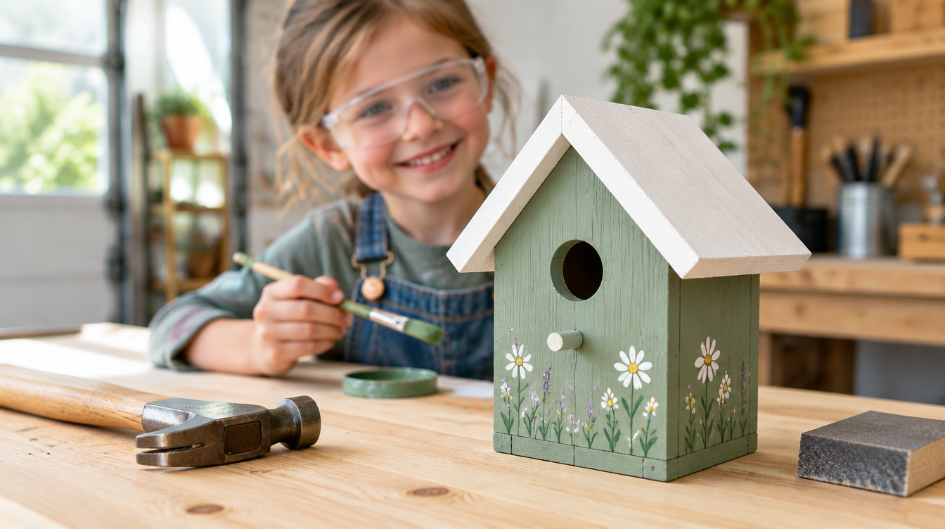 Kid-painted cedar birdhouse kit on a workbench with a hammer and sanding block