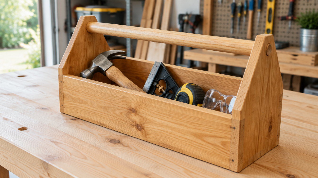 Pine wooden toolbox with a dowel handle holding kid-sized hand tools and safety glasses