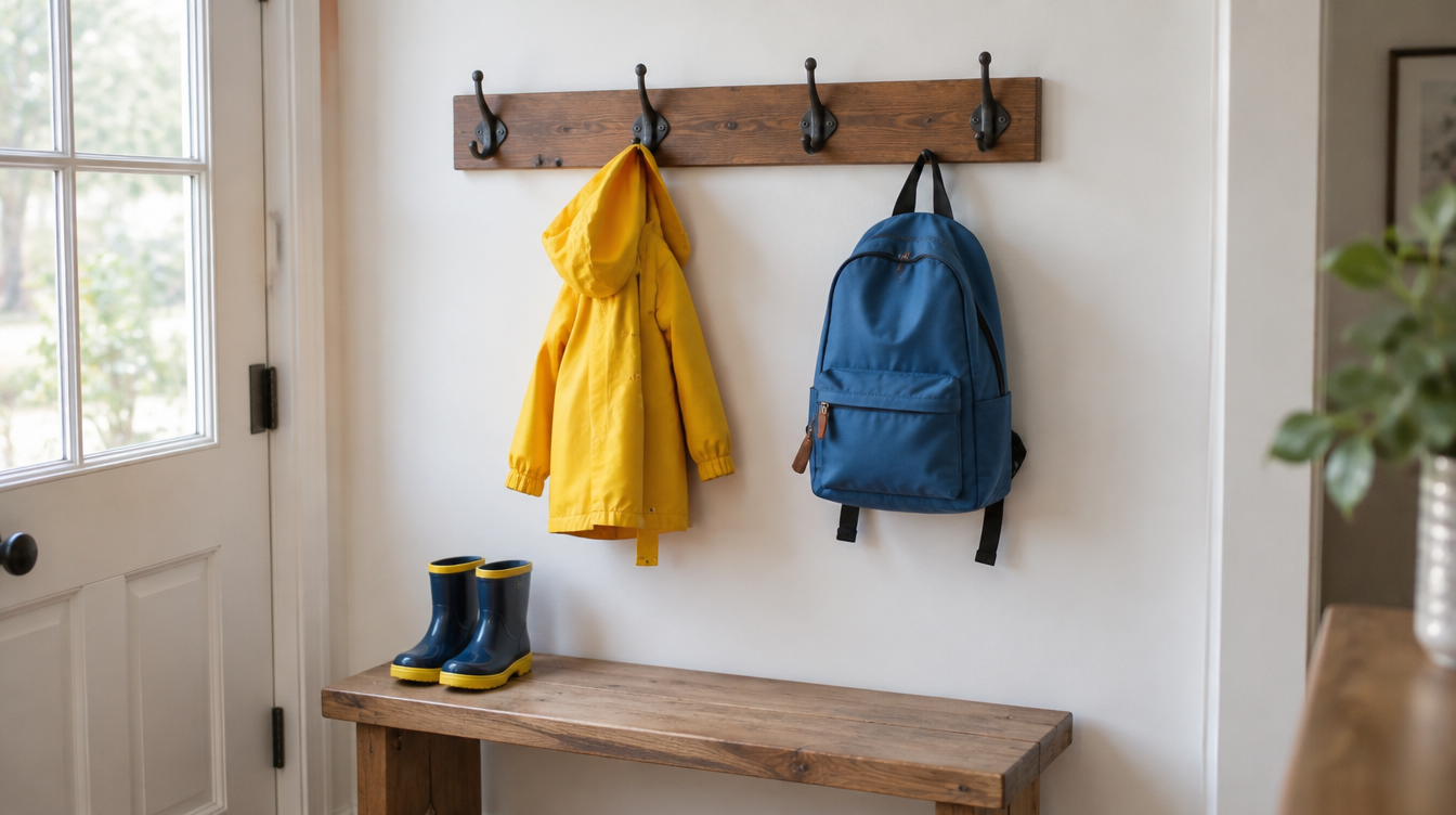 Stained pine coat hook board with black hooks holding a kid's raincoat and backpack