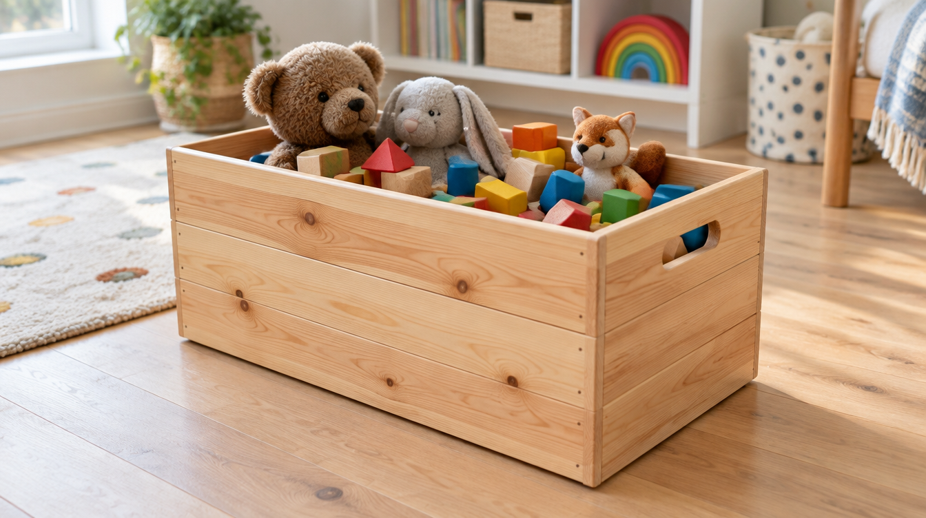 Handmade pine storage crate filled with wooden blocks and stuffed animals