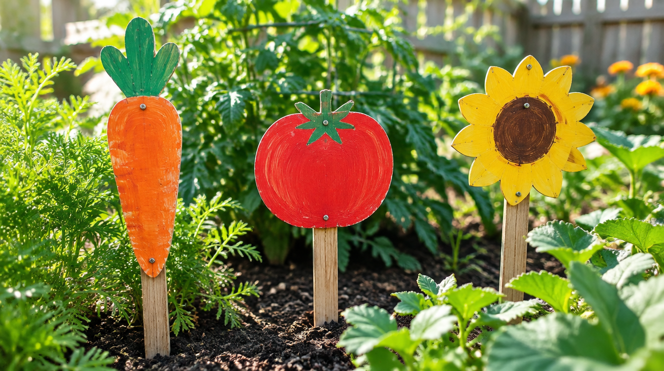 Kid-painted plywood garden stake signs shaped like a carrot, tomato and sunflower