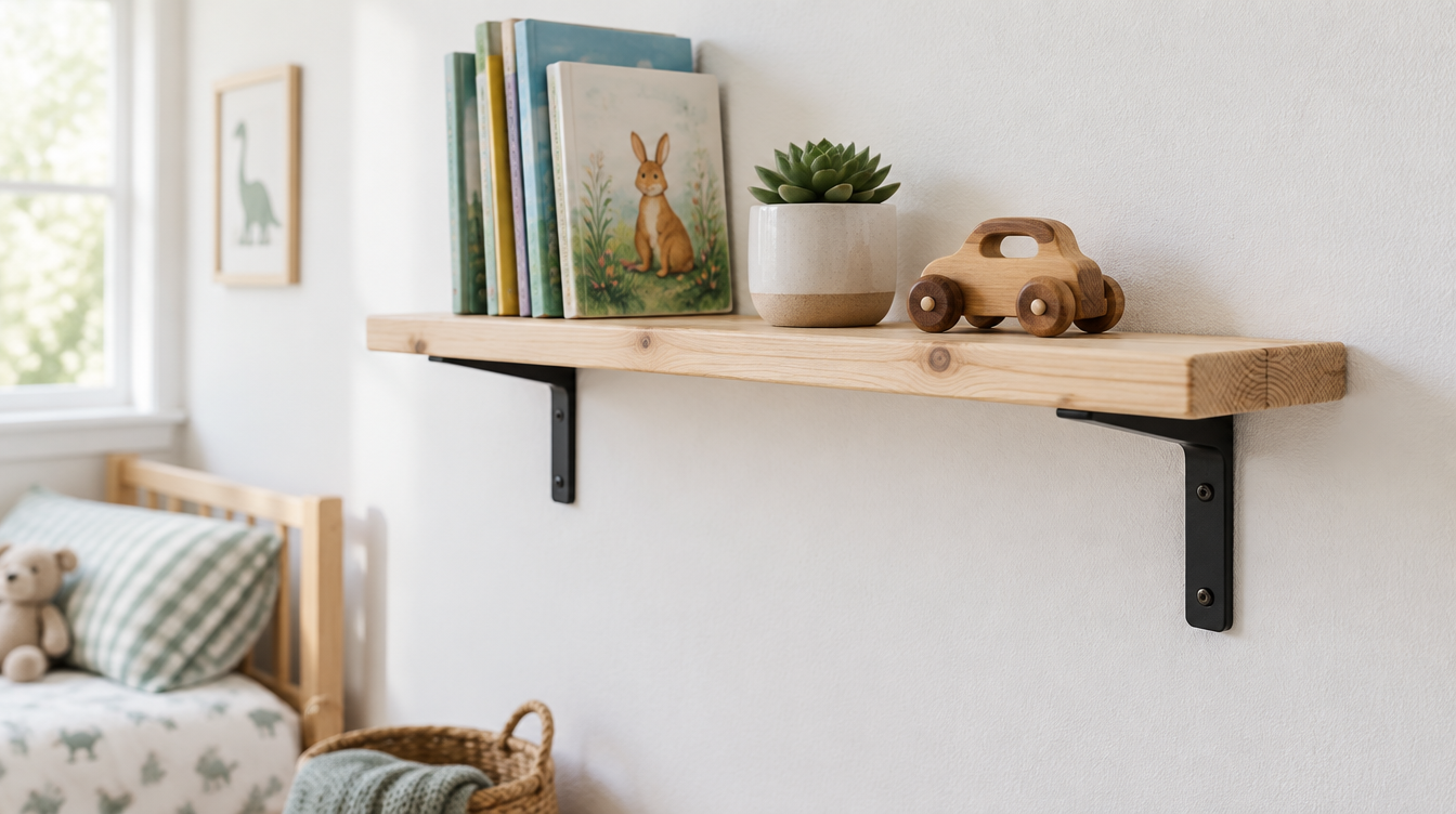 Simple pine wall shelf on black L brackets holding picture books in a kid's bedroom