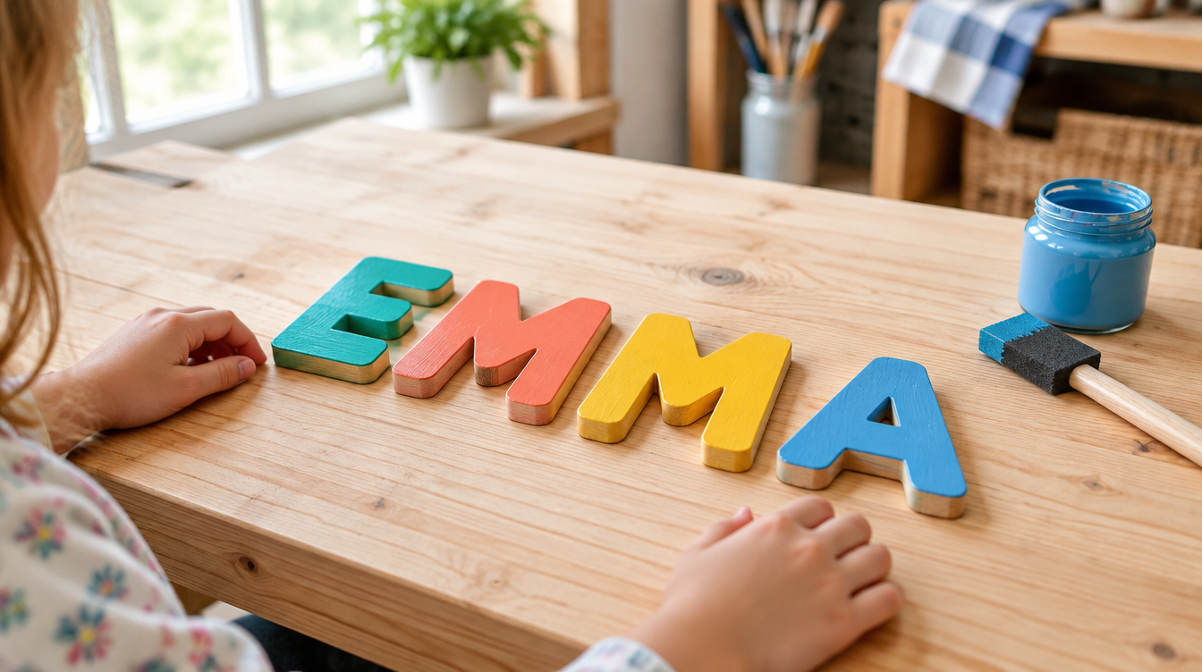 Painted wooden name puzzle letters made by a kid on a pine workbench
