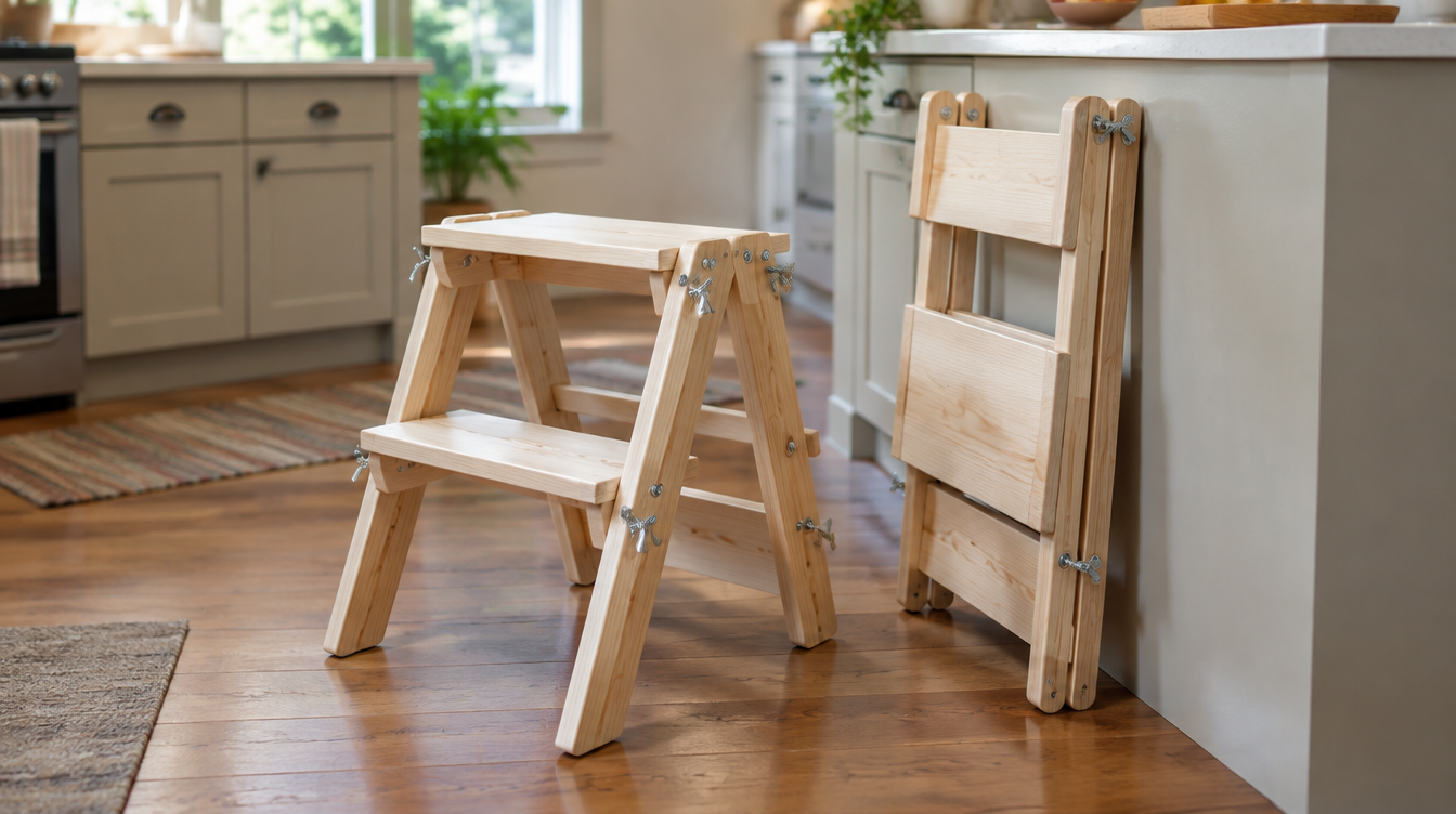 Handmade folding wooden step stool with carriage bolt joints in a kitchen
