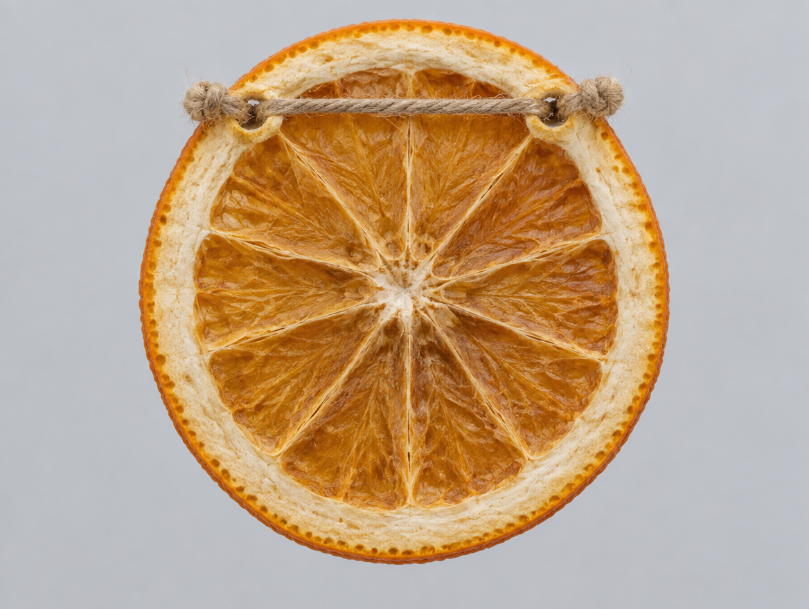 Back of a dried orange slice showing twine threaded through two holes in the peel band