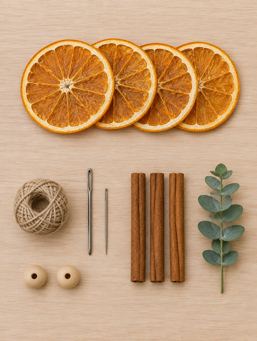 Dried orange garland supplies flat lay: dried orange slices, twine, needle, cinnamon sticks, and beads