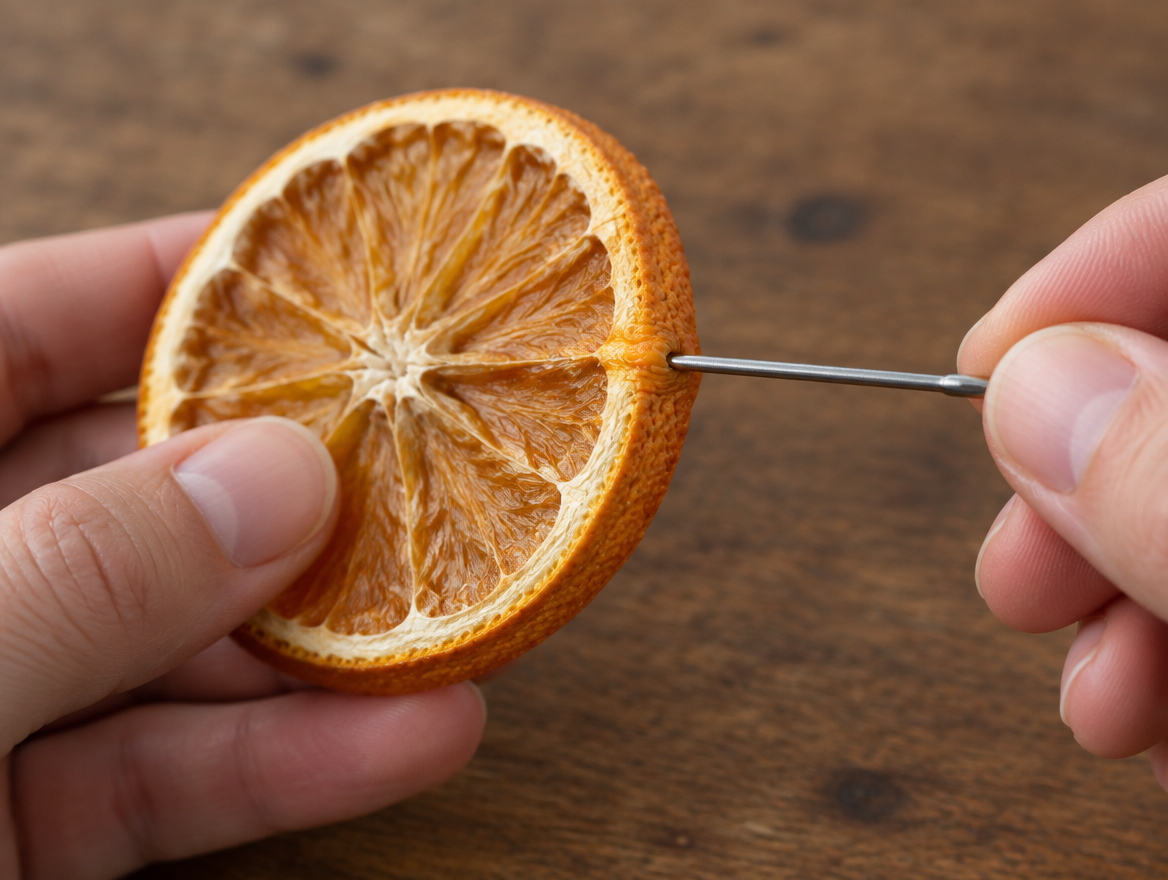 Blunt needle piercing the thick peel band of a dried orange slice near the rim