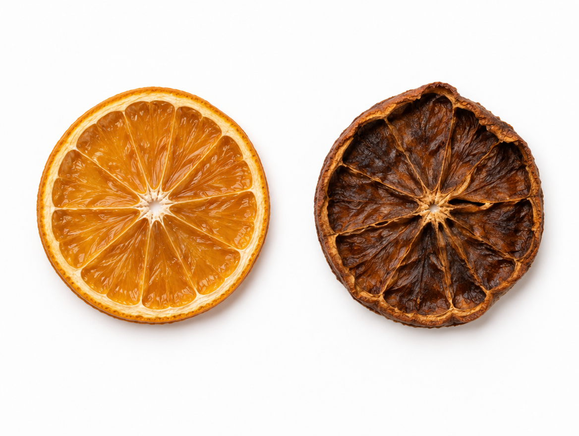 Side by side comparison of a correctly dried amber orange slice and an overdried brown orange slice