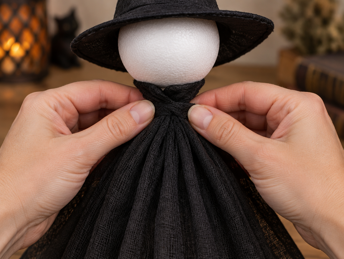Hands gathering and cinching black cheesecloth at the neck of a tomato cage witch to form shoulders