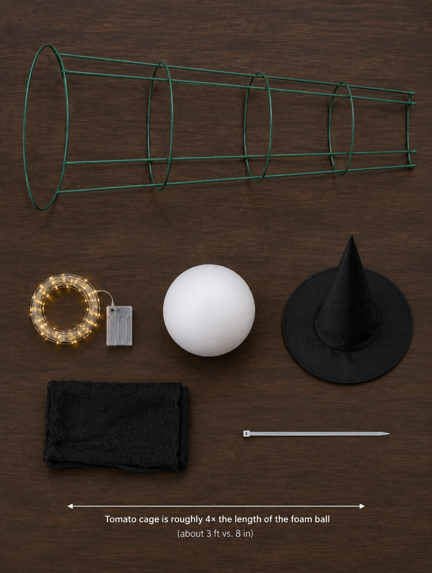 Tomato cage witch supplies flat lay: wire tomato cage, fairy lights, foam ball, witch hat, black cheesecloth, zip tie