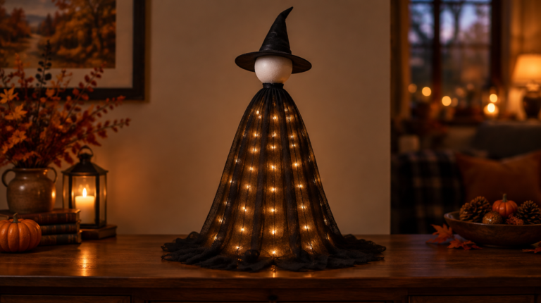 Glowing tomato cage witch draped in black cheesecloth with fairy lights on a console table