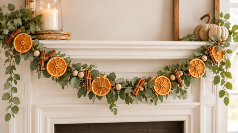Dried orange garland with twine-tied cinnamon bundles, wooden beads, and eucalyptus draped across a white mantel