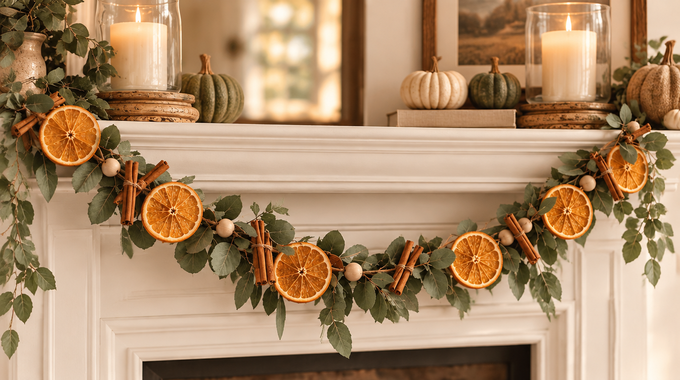 Dried orange garland draped across a white mantel with lit candles and pumpkins, hero shot