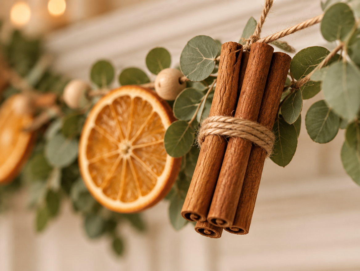Close-up of a twine-tied cinnamon stick bundle on a dried orange garland