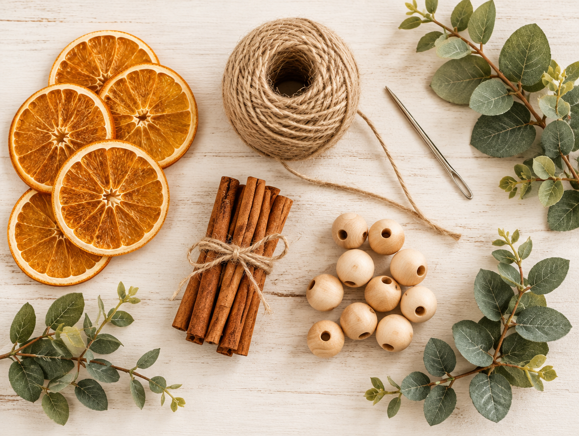 Overhead flat lay of dried orange garland supplies: orange slices, twine, cinnamon bundles, beads, and eucalyptus
