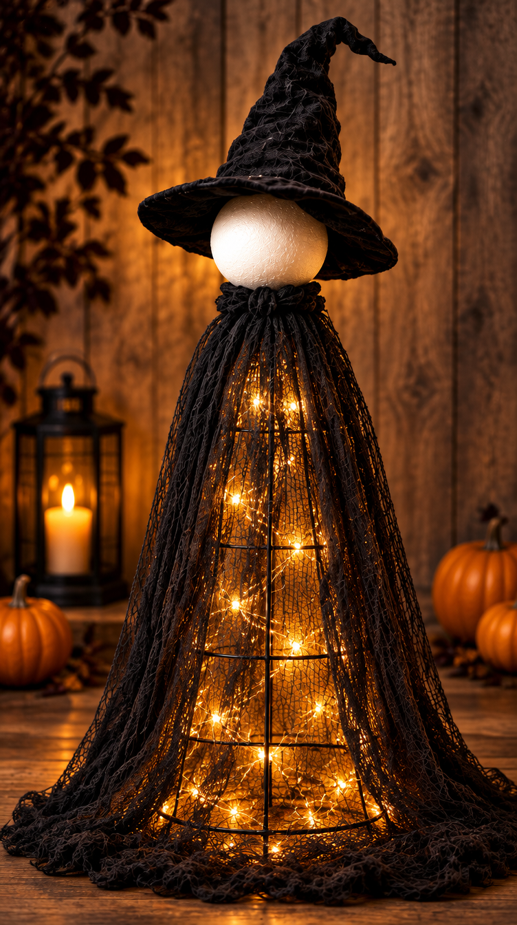 Glowing tomato cage witch decoration with black wire frame, cheesecloth, and fairy lights on a porch at night