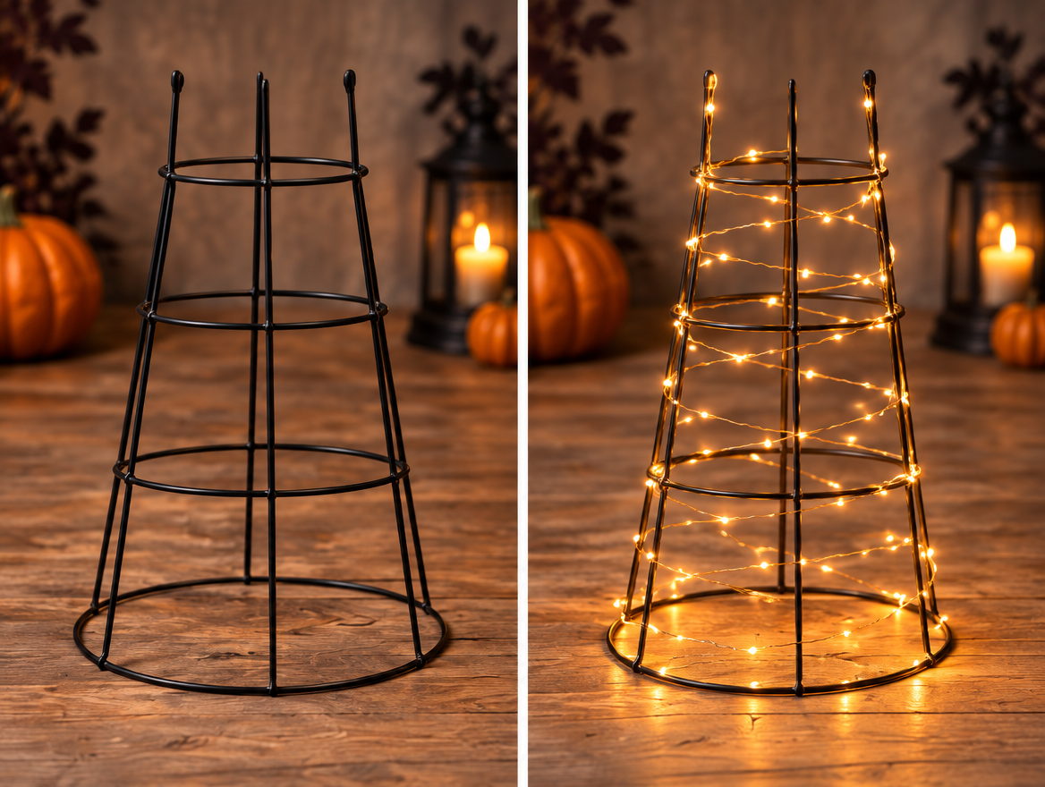 Black wire tomato cage frame flipped upside down and wrapped evenly with warm white fairy lights before the cheesecloth goes on