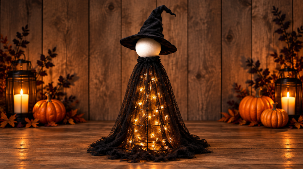 Glowing tomato cage witch decoration with black wire frame, cheesecloth, and fairy lights on a porch at night