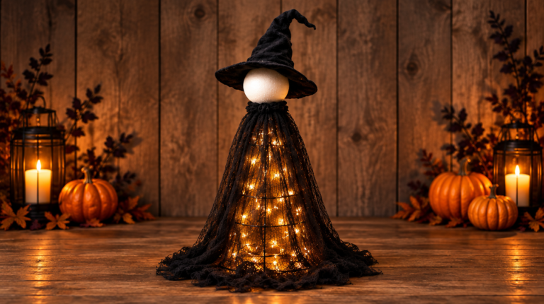 Glowing tomato cage witch decoration with black wire frame, cheesecloth, and fairy lights on a porch at night