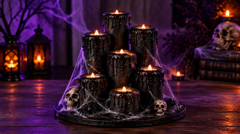 Pool noodle Halloween candles glowing with battery tea lights and draped in cobwebs