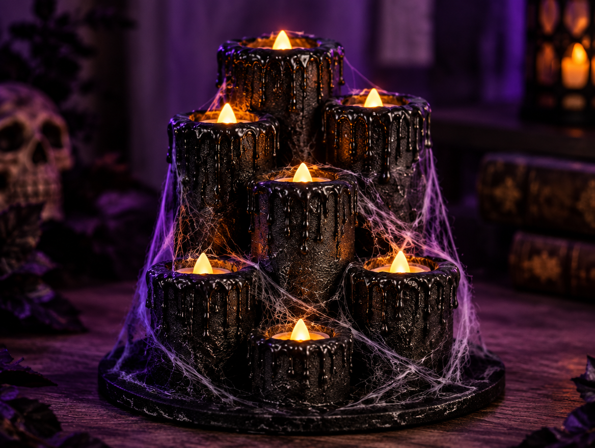 Close-up of a finished black pool noodle candle cluster glowing from battery tea lights with cobwebs draped over the tops