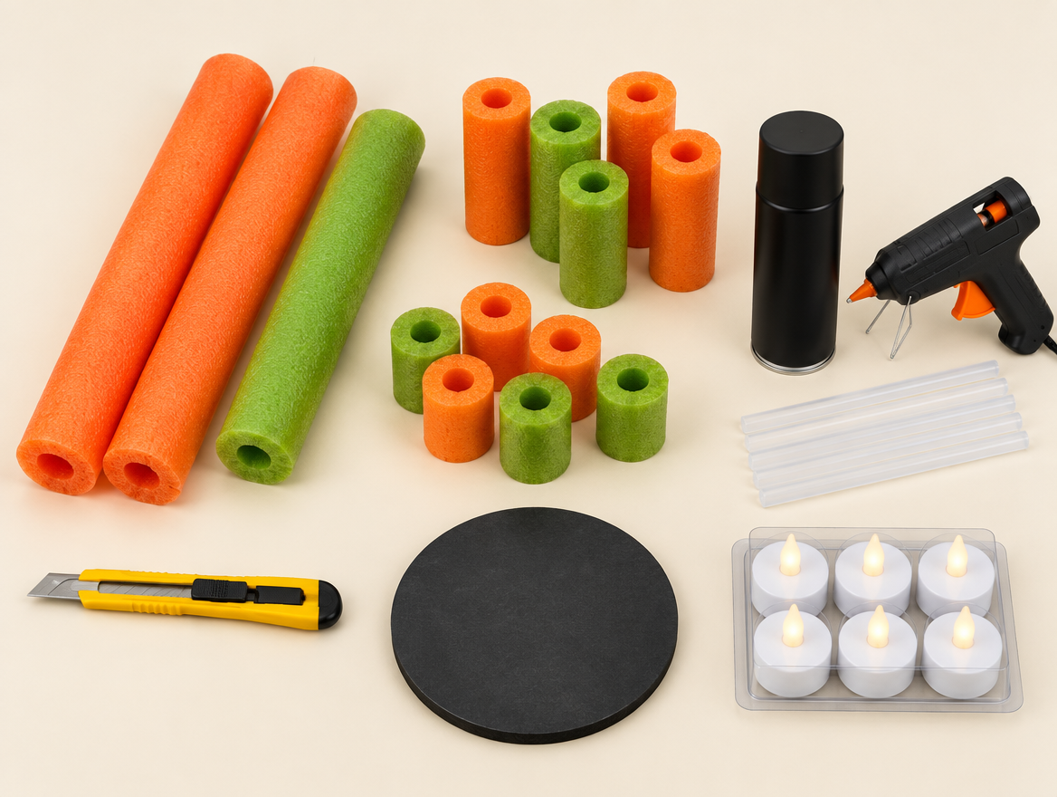 Supplies for pool noodle Halloween candles: orange and green pool noodles cut into pieces, utility knife, hot glue gun, black spray paint, and battery tea lights