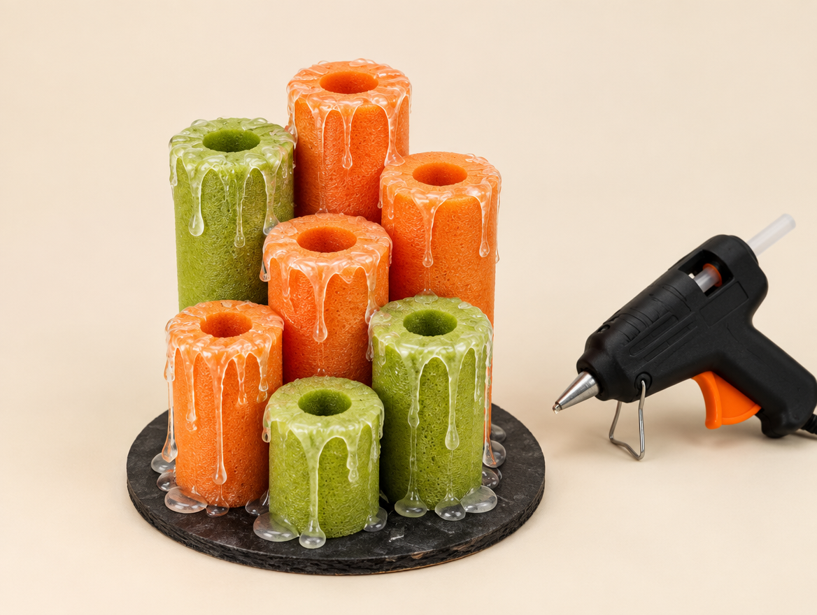 Uneven hot glue drips running down orange and green pool noodle candle pieces to mimic melted wax, glue gun resting beside them