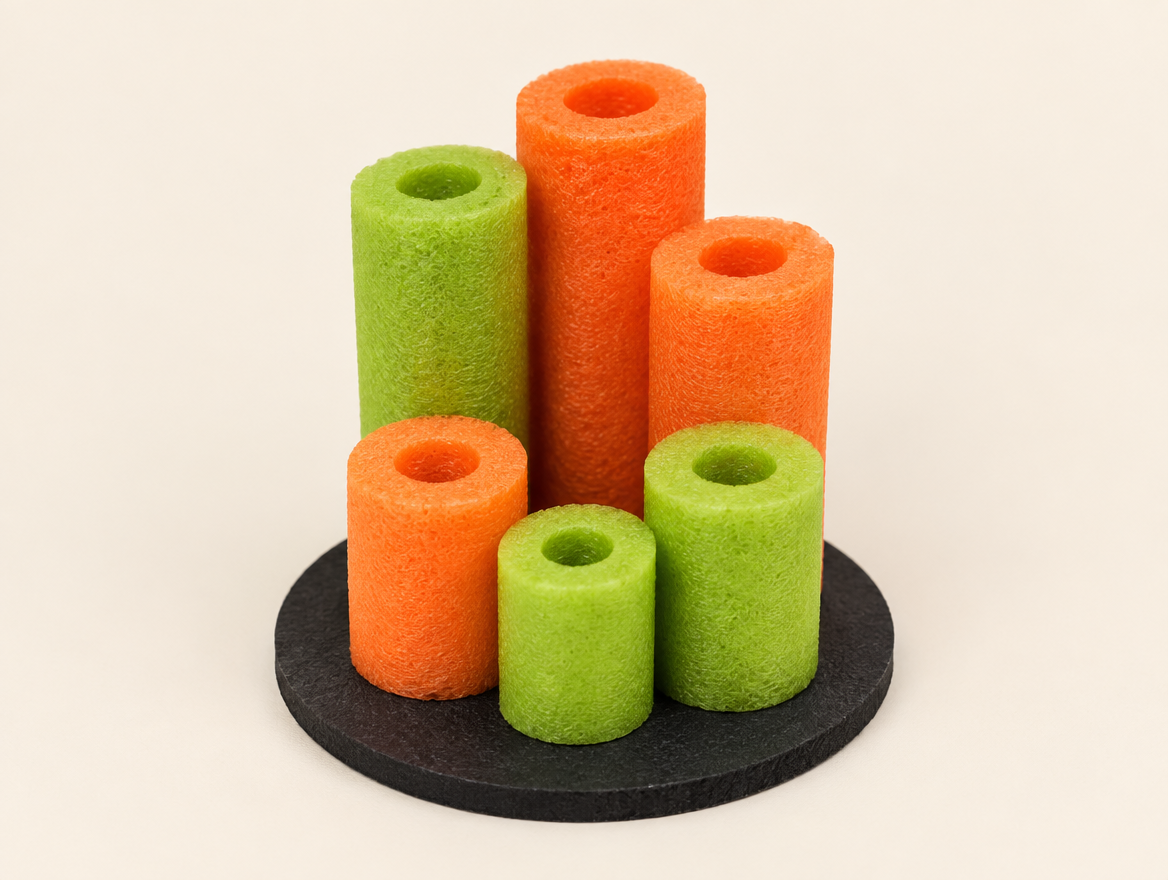 Orange and green cut pool noodle pieces glued upright at different heights on a round black base