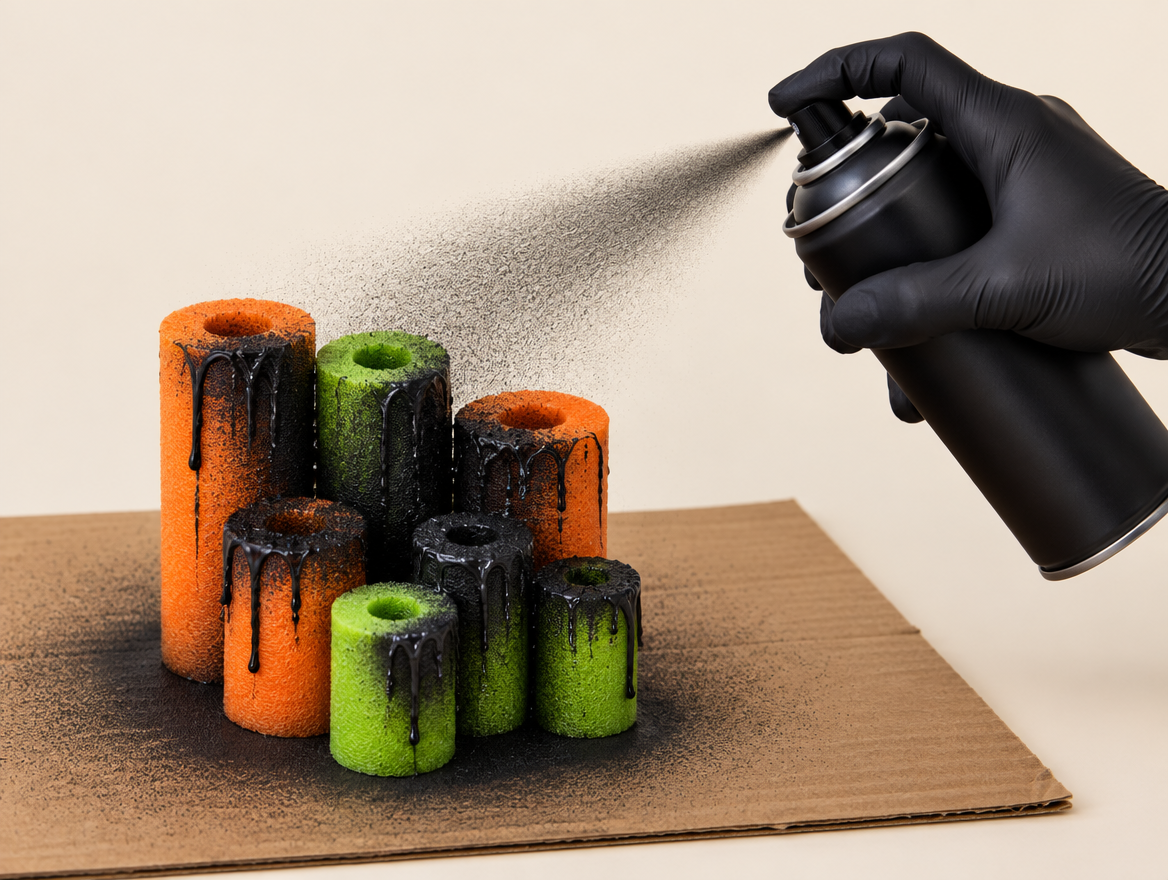 A gloved hand holding a can of matte black spray paint and coating pool noodle candles in light passes