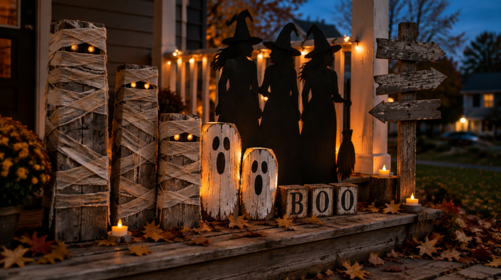 Handmade Halloween wood crafts glowing at dusk on a front porch: pallet wood mummies, painted log ghosts, a backlit plywood witch silhouette, and BOO blocks
