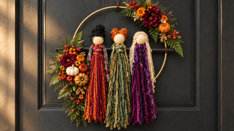 Hocus Pocus wreath with three yarn witches on a gold hoop: black hair with an orange dress, orange hair with a green dress, and blonde hair with a purple dress