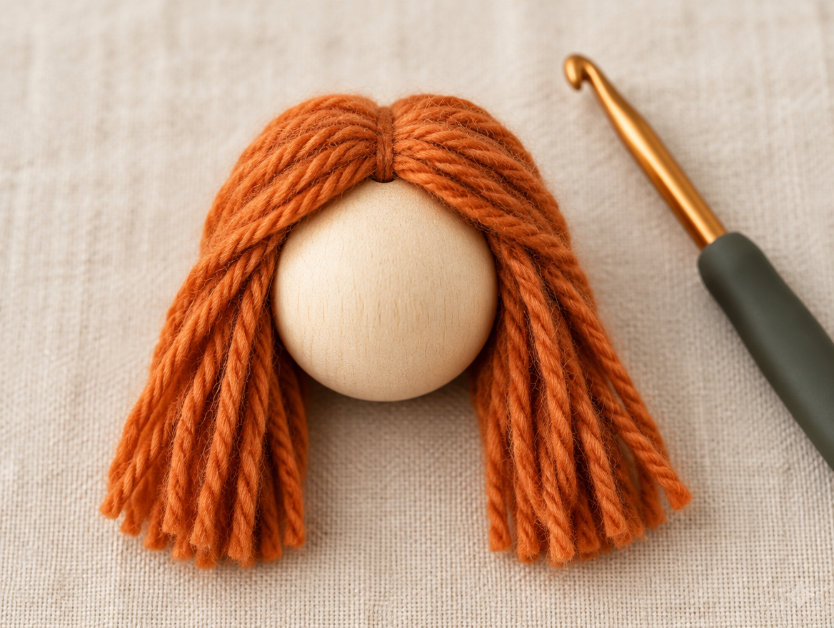 Yarn hair seated on a wooden bead with the tie knot pulled down into the bead hole so the hair falls over both sides