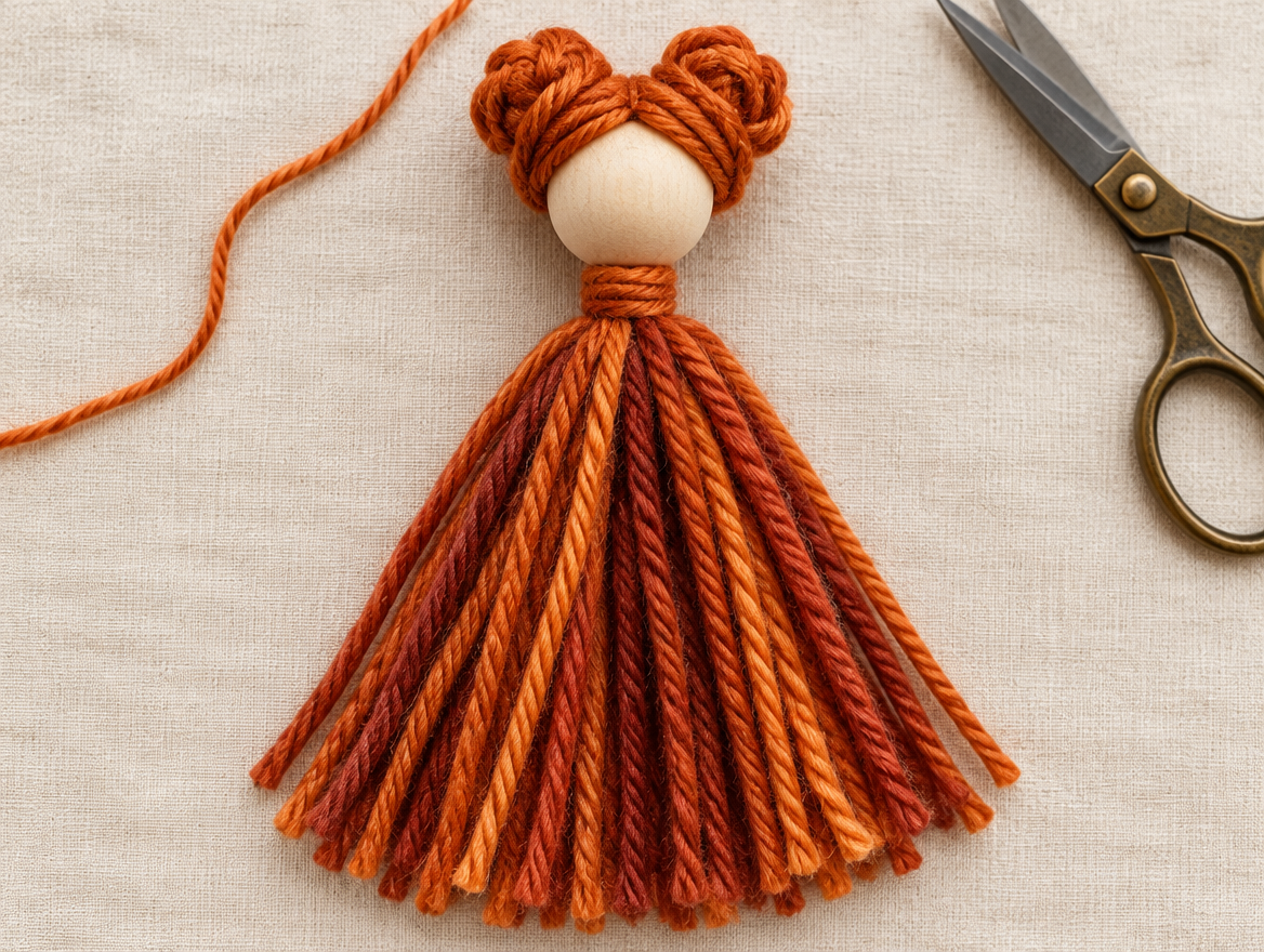 Folded bundle of rust orange yarn tied just below a wooden bead head to form the dress and neck of a yarn witch