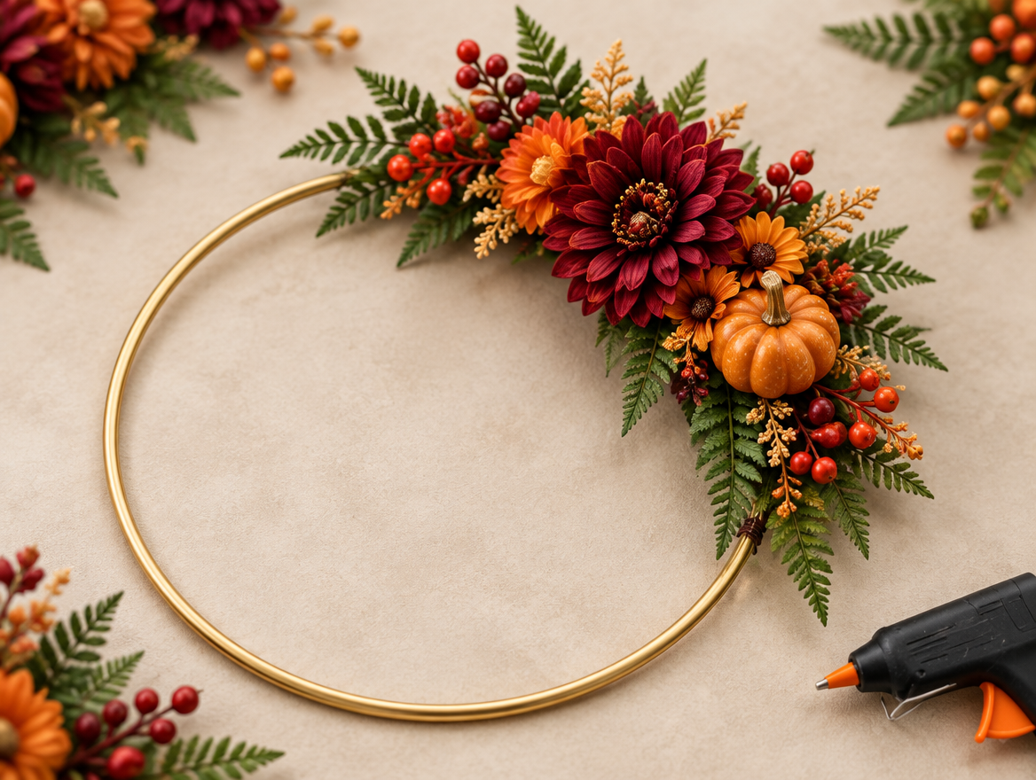 Autumn florals and a mini pumpkin glued in a crescent along one side of a gold hoop with the rest of the hoop left bare